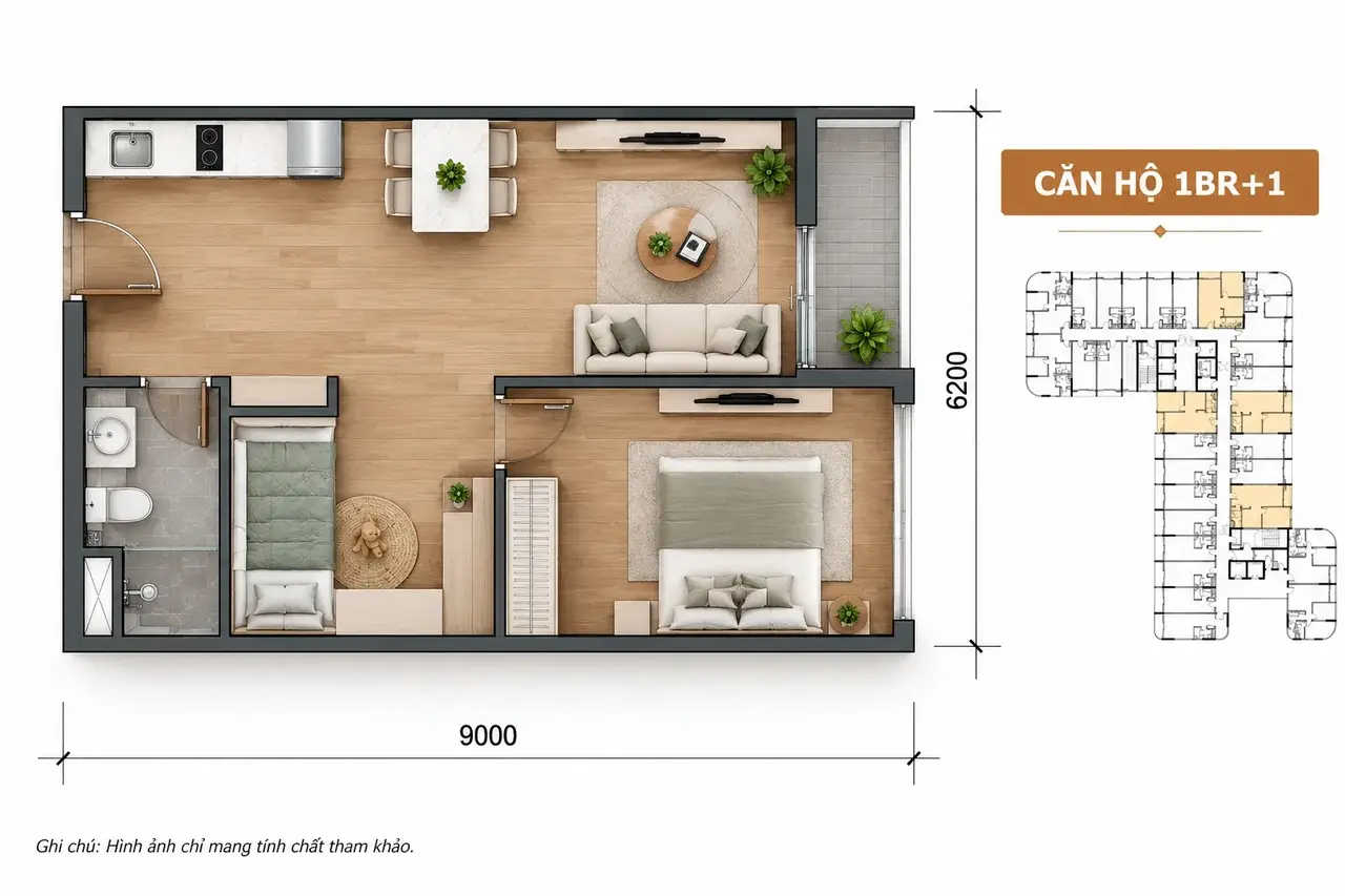 Layout căn 1PN+ (1BR+1) Sun Saphia Residence (hình ảnh tham khảo)