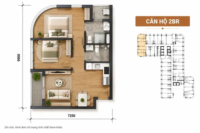 Layout căn 2PN Sun Saphia Residence (minh họa)