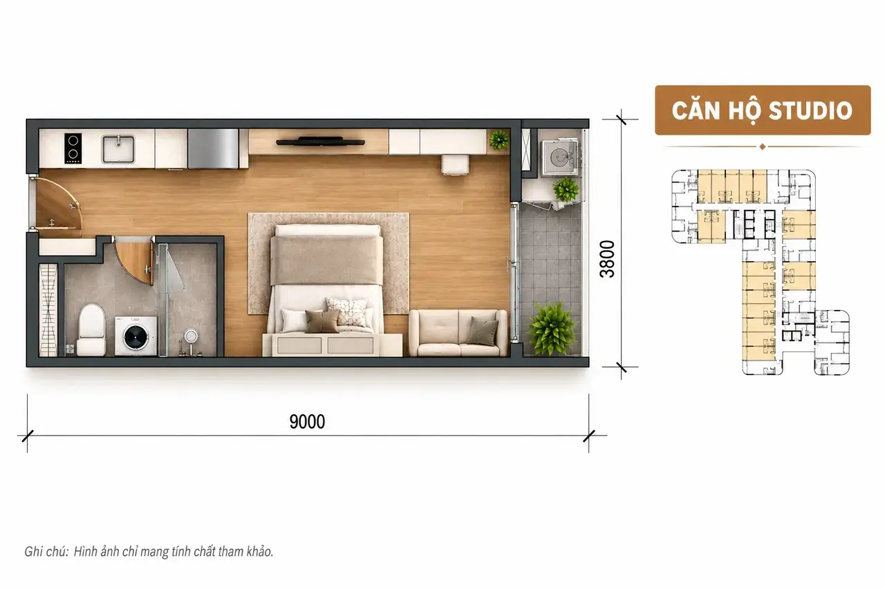 Layout căn Studio Sun Saphia Residence (hình ảnh tham khảo)