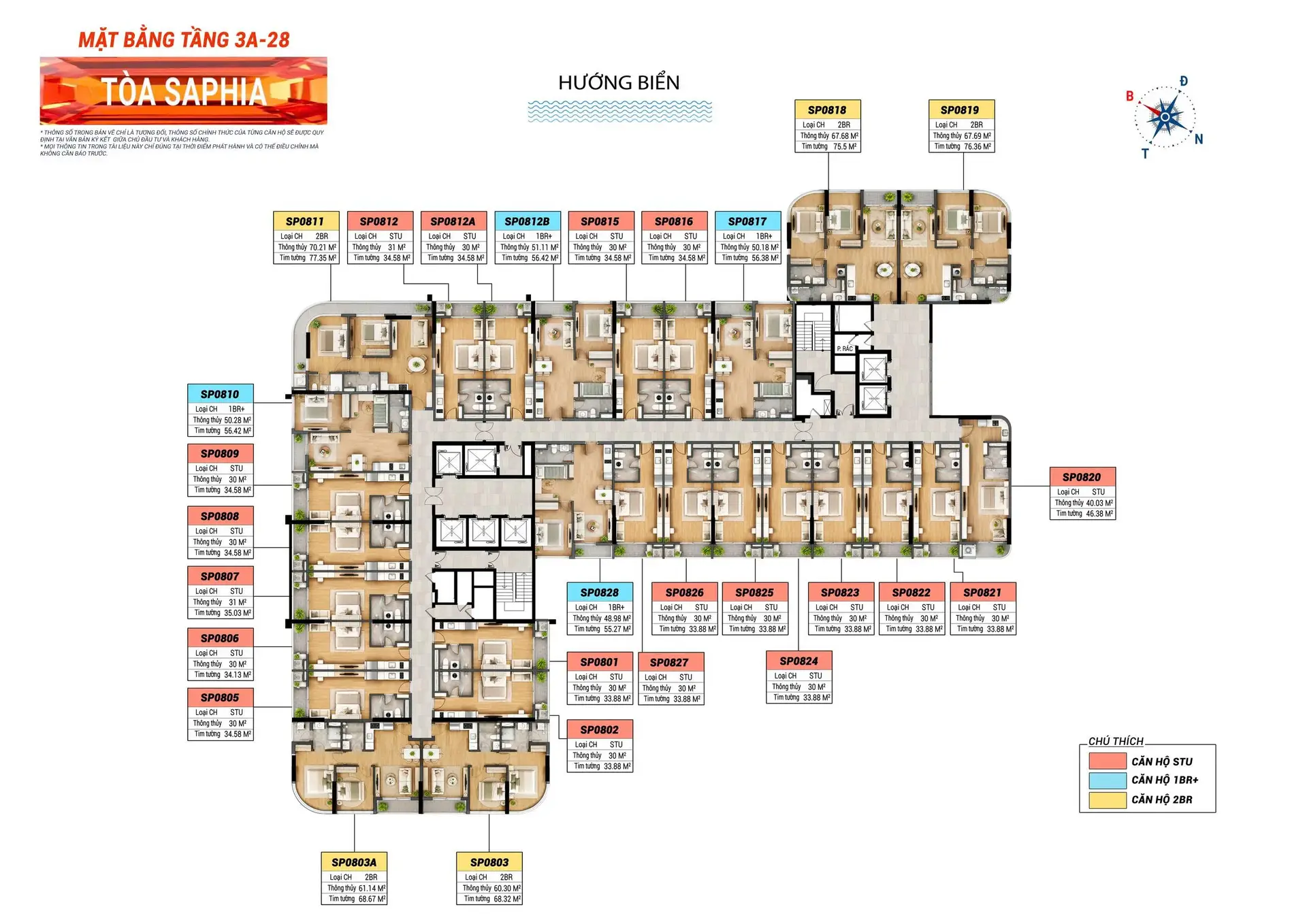 Mặt bằng tầng 3A–28 tòa Saphia: Studio màu hồng, 1BR+ màu xanh, 2BR màu vàng
